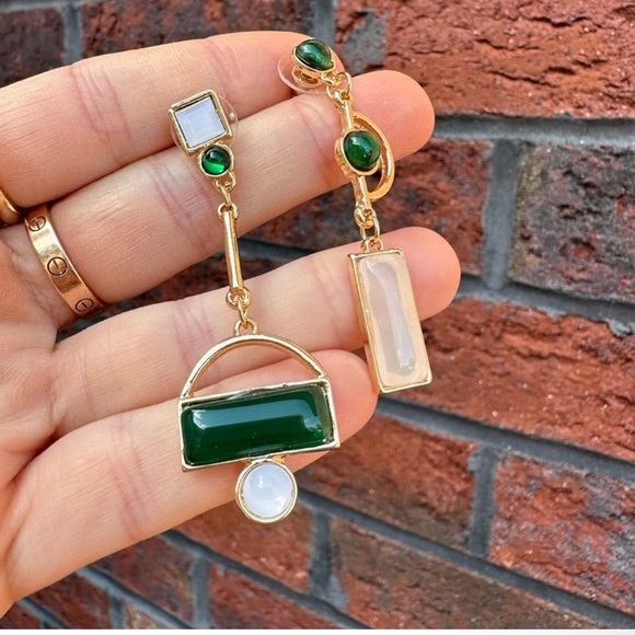Anthropologie Gold and Green Asymmetrical Geometric Earrings - Picture 11 of 11